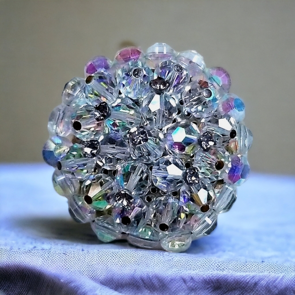Vintage 1950s Mid Century Aurora Borealis Crystal Cluster Brooch Pin - Picture 1 of 12